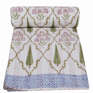 Indian Hand Block King Size Cotton Bedding  Blanket Kantha Quilt Bohemian Bedspread Throw Kantha Queen Quilt White Reversible Gudari