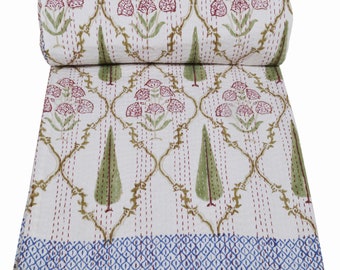 Hand Block Print Kantha Quilt: Boho Baumwolle Tagesdecke