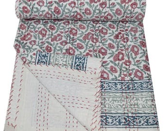 Katoenen kantha-quilt met handgedrukte blokprint: Indiase dekbedovertrek koningin/twin bed
