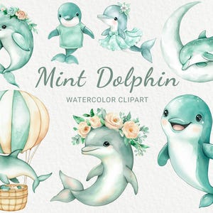 Grüner Delphin Kinderzimmer Aquarell Clipart - 24 PNG Mintfarbener Delfin, Marine Dekor, Babyparty, Babyparty, ozeanischer, digitaler Download
