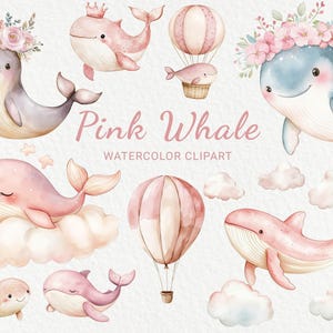 Clipart aquarelle de chambre de bébé baleine rose - 24 PNG mignon décor marin clip art, baby shower, fête de bébé, océanique, téléchargement numérique instantané