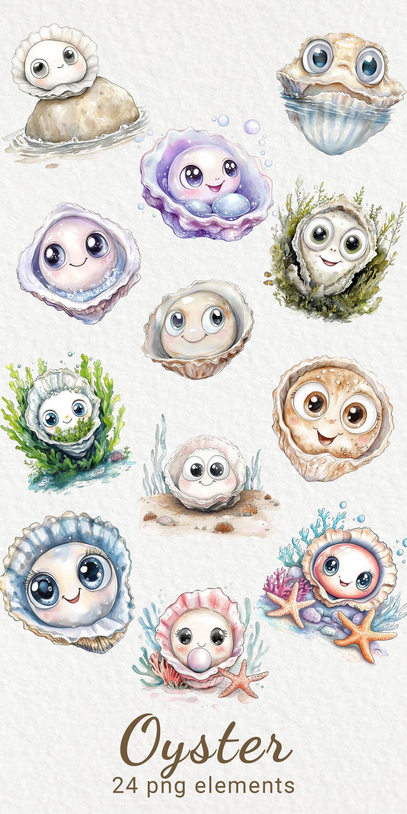 Oyster Watercolor Clipart - 24 PNG Cute Oyster Clip Art, Marine Theme ...