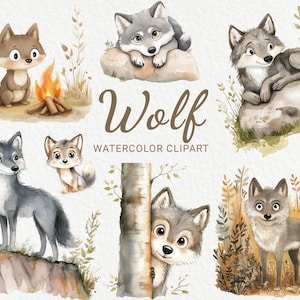 Wolf clipart - 24 png aquarel baby wolf illustraties, grappige dieren, babyshower decor, kinderkamer inrichting, instant digitale download
