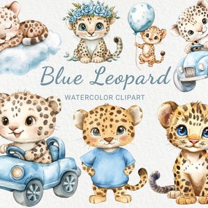 Blauer Leopard Kinderzimmer Aquarell Clipart - 24 PNG Safari Tiere Dekor, Babyparty, Baby Party, kleiner Leopard, Sofortiger digitaler Download