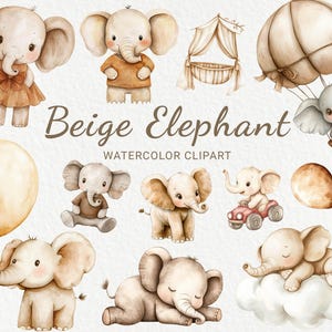 Clipart acquerello per vivaio di elefanti - 24 animali da safari PNG in beige e marrone, stampe digitali, immagini per baby shower, download digitale