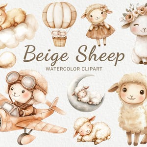 Clipart de acuarela de guardería de corderos: 24 ovejas lindas PNG en beige y marrón, decoración de animales, baby shower, fiesta de bebé, ovejita, descarga digital