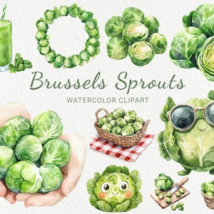 Clipart aquarelle de choux de Bruxelles - Illustration végétarienne drôle 24 PNG, légumes Chibi Cool, nourriture Kawaii, téléchargement numérique, usage commercial