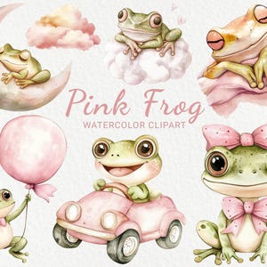 Roze kikker kwekerij aquarel clipart - 24 PNG schattige kikker in een kroon, dieren decor, babyshower, babyfeestje, DIY, instant digitale download