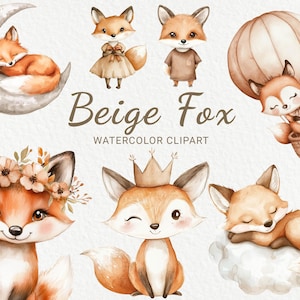 Clipart de zorro en acuarela - 24 PNG de decoración de animales del bosque para guardería en beige y marrón, baby shower, fiesta de bebé, zorrito, descarga digital