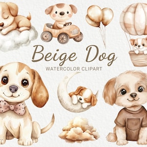 犬の保育園の水彩画クリップアート - 24 PNG かわいい妖精の子犬の装飾（ベージュとブラウン）、ベビーシャワー、ベビーパーティー、小さな動物、デジタルダウンロード