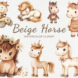Pferde Kinderzimmer Aquarell Clipart - 24 PNG Tiere Dekor in den Farben Beige & Braun, Baby Shower, Baby Party, Kleines Pony, digitaler Download