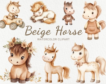 May include: A set of ten watercolor illustrations of beige horses in various poses. The horses are depicted in a cartoon style with large eyes and cute expressions. The illustrations are perfect for use in children's books, greeting cards, or other creative projects.