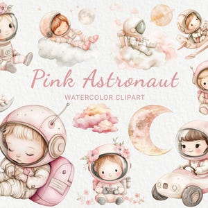 Clipart acquerello astronauta rosa - 24 PNG Decorazione spaziale, vivaio di rose, baby shower, festa per bambini, piccolo astronauta, download digitale istantaneo