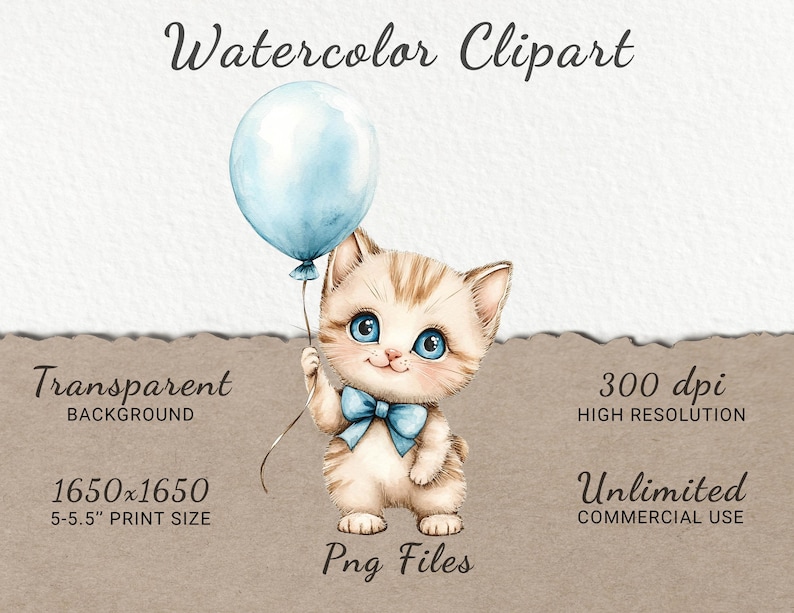 Blue Cat Watercolor Clipart - 24 PNG Cute Fairy Animals Decor, Baby ...
