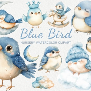 Imágenes prediseñadas de acuarela de pájaros azules: 24 ilustraciones PNG de lindos pájaros de hadas, guardería, decoración de baby shower, fiesta de bebé, descarga digital instantánea