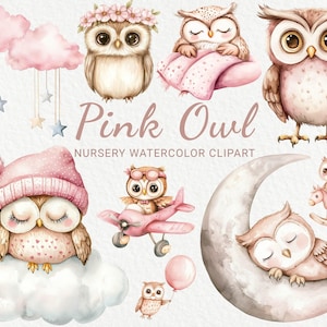 Roze uil kwekerij aquarel clipart - 24 png schattige fee vogel illustratie, rozenuil, babyshower decor, babyfeestje, instant digitale download