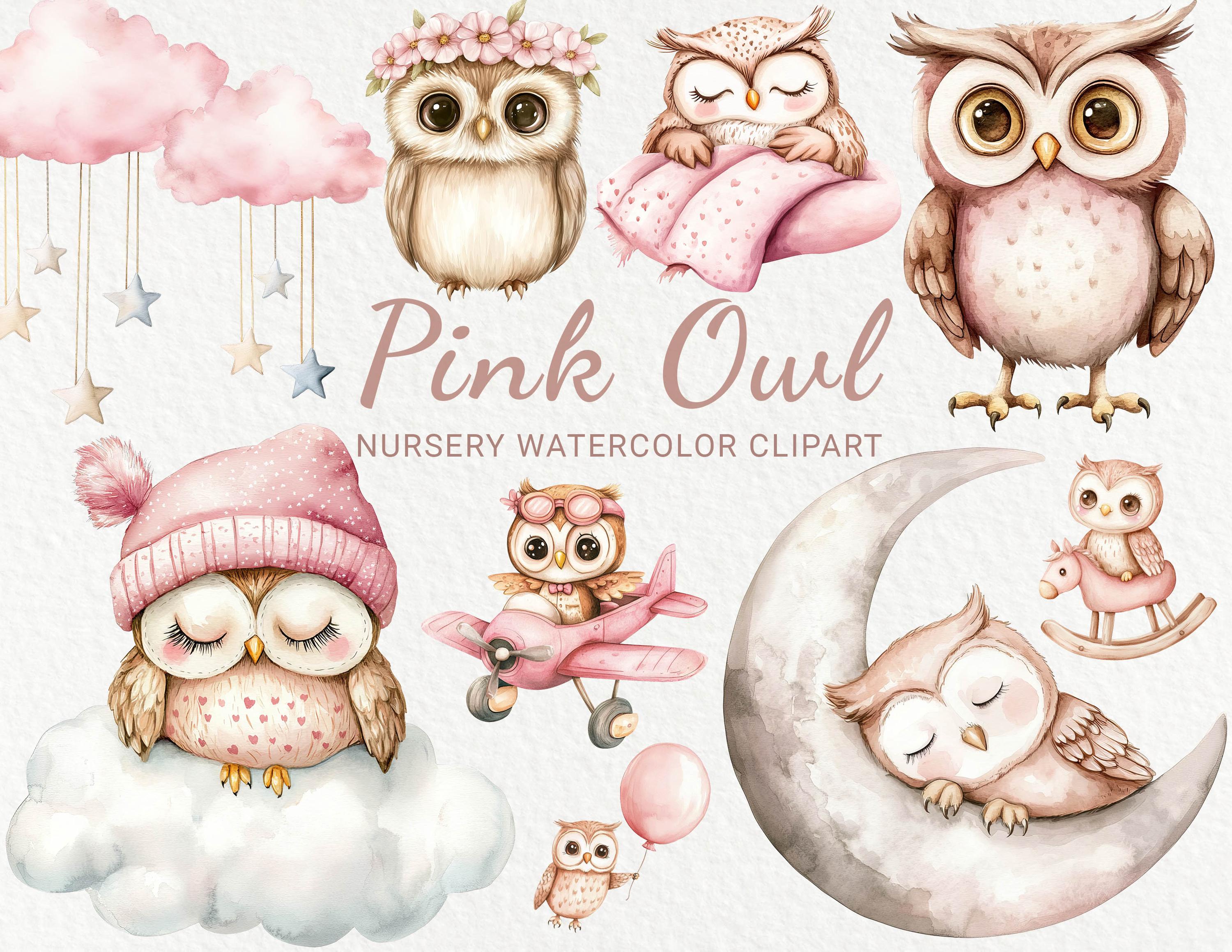 Różowa sowa w przedszkolu akwarela Clipart - 24 PNG Słodka ilustracja ptaka wróżki, różana sowa, dekoracja baby shower, przyjęcie dla dzieci, natychmiastowe pobieranie cyfrowe