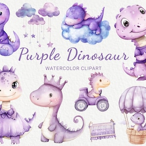 Lila Dinosaurier Kinderzimmer Aquarell Clipart - 24 PNG Dino Boy & Dino Girl Fee Lila Dekor, Babyparty, Baby Party, digitaler Download