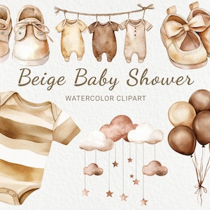 Beige & Braun-Babyparty-Aquarell Clipart - 24 PNG niedliche Kinderzimmer Dekor, Willkommen Baby, Baby-Party-Einladung, sofortiger digitaler Download