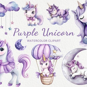 Lila Einhorn Kinderzimmer Aquarell Clipart - 24 PNG Fee Kinderzimmer Dekor, Babyparty, Baby Party Kunst, Einladung Grafiken, digitaler Download