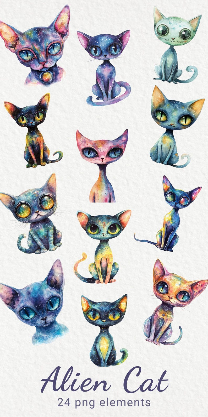 Alien Cat Clipart - 24 PNG Watercolor Whimsical Cat, Fantastic Cat ...