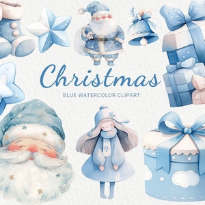 Blue Christmas Watercolor Clipart - 24 PNG Winter Decor Images, Cute Winter Graphics, Santa, Christmas scene, Instant Digital Download