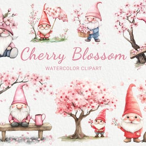 Gnomo de flor de cerezo - 24 PNG de gnomos de Sakura en acuarela, gráficos florales de sublimación, decoración de guardería, baby shower, descarga digital