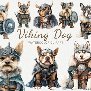 Clipart chien viking - 24 PNG chiot aquarelle en armure scandinave, mignon chien guerriers, bébé chien clipart, téléchargement immédiat
