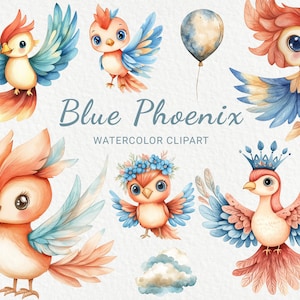 Clipart aquarelle de chambre d'enfant Phoenix bleu - 24 Images d'oiseaux majestueux féeriques PNG, décoration de baby shower, art de fête de bébé, téléchargement numérique instantané
