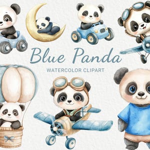 Clipart de aquarela para berçário de panda azul - 24 PNG Urso panda fofo, decoração de animais, chá de bebê, festa de bebê, faça você mesmo, download digital instantâneo