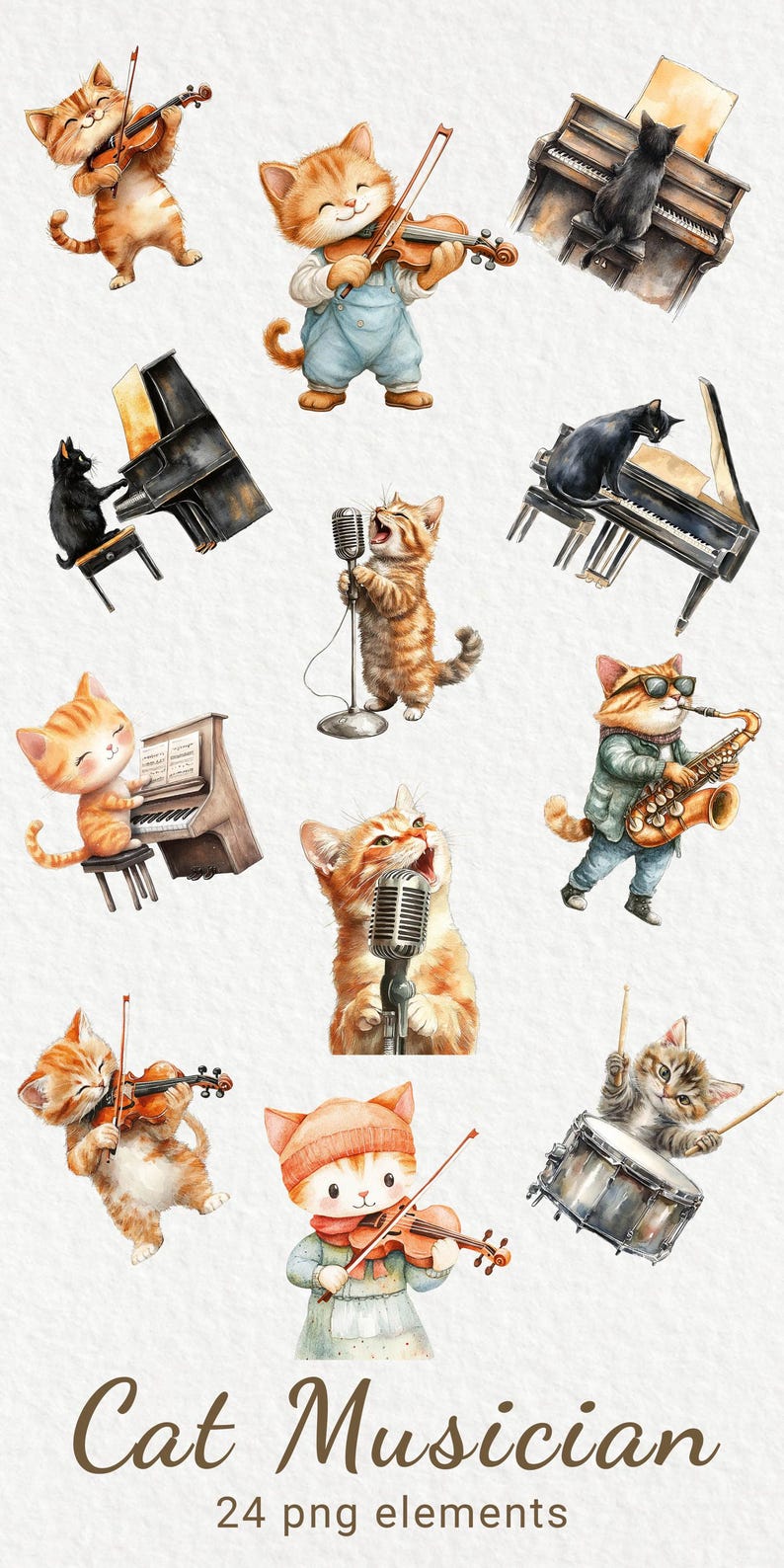 Cat Musician Watercolor Clipart - 24 PNG Cat Play Different Musical ...