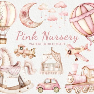 Clipart de aquarela rosa para berçário - 24 PNG fofos para chá de bebê, decoração de quarto, festa de bebê, lua, avião, carros, trem, brinquedos de pelúcia, download digital