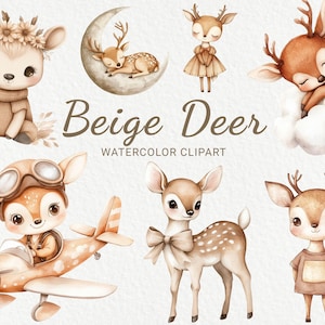 Clipart de acuarela de ciervos para guardería - 24 PNG de decoración de animales del bosque en beige y marrón, baby shower, fiesta de bebé, ciervos pequeños, descarga digital