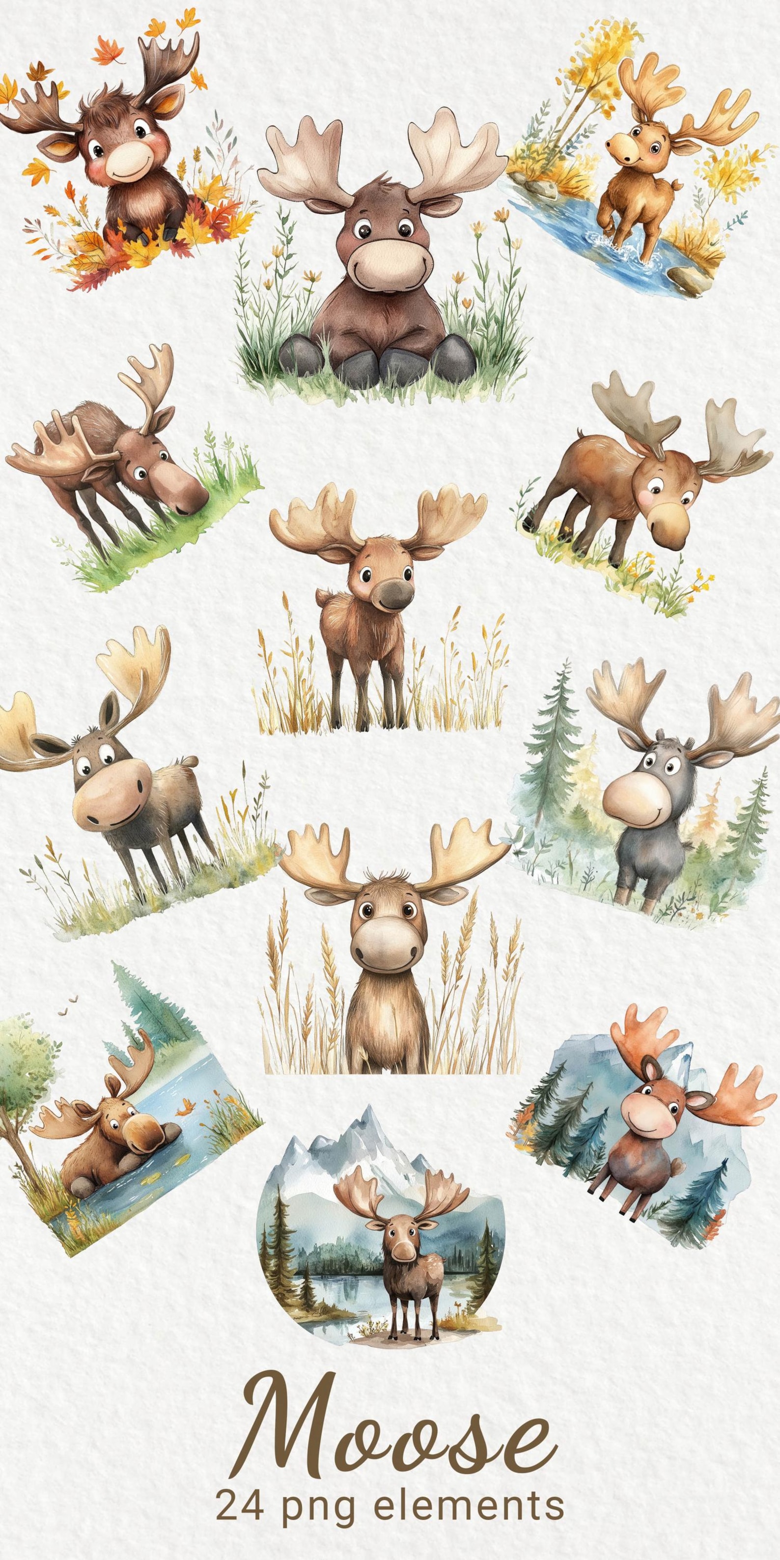 Moose Clipart - 24 PNG Watercolor Baby Moose Clip Art, Funny Moose ...