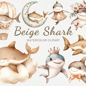Beige & Brown Shark Clipart - 24 PNG Watercolor Baby Shark clip art, Printable Art, Cute Baby Shower images, Nursery decor, Digital Download