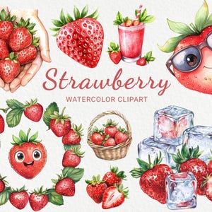 Clipart aquarelle fraise - 24 PNG drôle de bande dessinée fraise Illustration, baies Chibi, nourriture Kawaii, téléchargement numérique, usage commercial