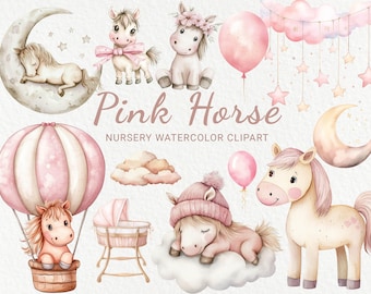 Puede incluir: Conjunto de clipart de acuarela rosa con un caballo, un globo aerostático, una cuna, una nube, una luna creciente y estrellas. El conjunto es perfecto para la decoración de la habitación de los niños.
