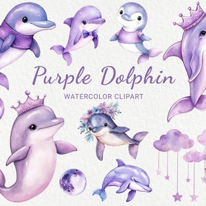 Clipart aquarelle de chambre de bébé dauphin violet - 24 PNG dauphins lilas mignons, décor marin, baby shower, fête de bébé, océanique, téléchargement numérique
