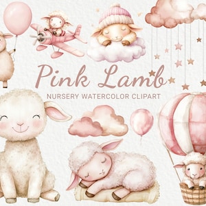 Clipart aquarelle pour chambre d'enfant agneau rose - 24 moutons mignons PNG, décoration animaux, baby shower, fête de naissance, petit mouton, téléchargement immédiat