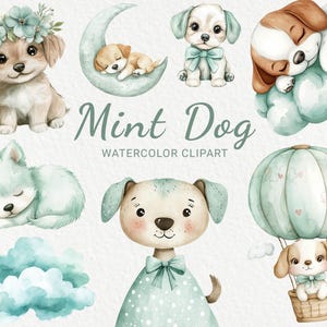 Mint Hund Kinderzimmer Aquarell Clipart - 24 PNG niedlicher grüner Hund, Tiere Dekor, Babyparty, Babyparty, kleiner Welpe, sofortiger digitaler Download