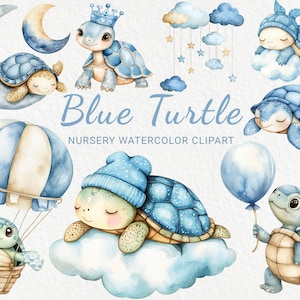 Clipart de acuarela de tortuga azul - 24 PNG linda tortuga, decoración de animales, guardería, baby shower, fiesta de bebé, pequeña tortuga, descarga digital instantánea