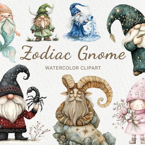 Zodiac Gnome Clipart - Aquarela Signo Gnomo 24 PNG, Gnomo Astrológico, Gnomo Celestial, Gnomo Estrelado, Sublimação, Download Digital