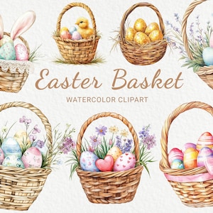 Clipart panier de Pâques - 24 Images de Pâques aquarelle PNG, panier de Pâques avec des oeufs, des lapins et des fleurs, graphiques de décorations de vacances de printemps