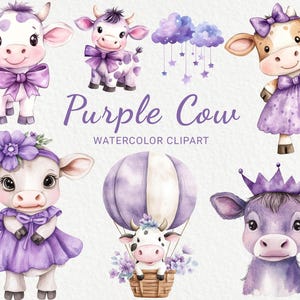 Clipart de acuarela de guardería de vaca morada - 24 PNG linda vaca, decoración de animales, baby shower lavanda, fiesta de bebé lila, vaca bebé, descarga digital