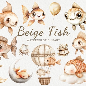 Clipart aquarelle poisson pépinière - 24 clipart poisson mignon PNG en beige et marron, décor marin, baby shower, fête océanique bricolage, téléchargement numérique