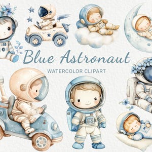 Clipart de acuarela de astronauta azul - 24 PNG linda decoración espacial, guardería, baby shower, fiesta de bebé, pequeño astronauta, descarga digital instantánea