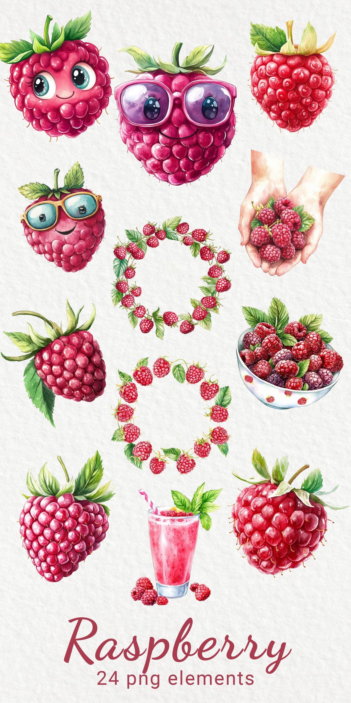 Raspberry Watercolor Clipart - 24 PNG Funny Cartoon Raspberry ...