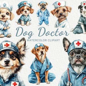 Hund Doktor Clipart - 24 PNG Aquarell Krankenschwester Welpen, süßer Hund medizinische Clipart, Baby Welpe mit Krankenschwester Hut, sofortiger digitaler Download