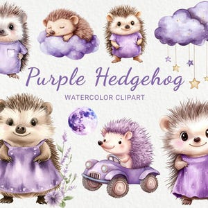 Clipart de acuarela de erizo morado para guardería - 24 lindos animales de hadas del bosque PNG en lila y lavanda, decoración de baby shower, fiesta de bebé, descarga