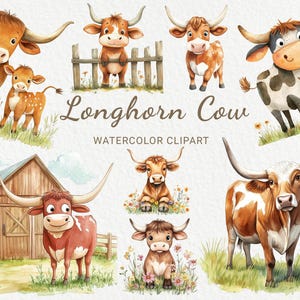 Clipart vache Longhorn - 24 PNG aquarelle bébé vache Longhorn clip art, animaux de la ferme, baby shower, décoration de chambre d'enfant, téléchargement immédiat